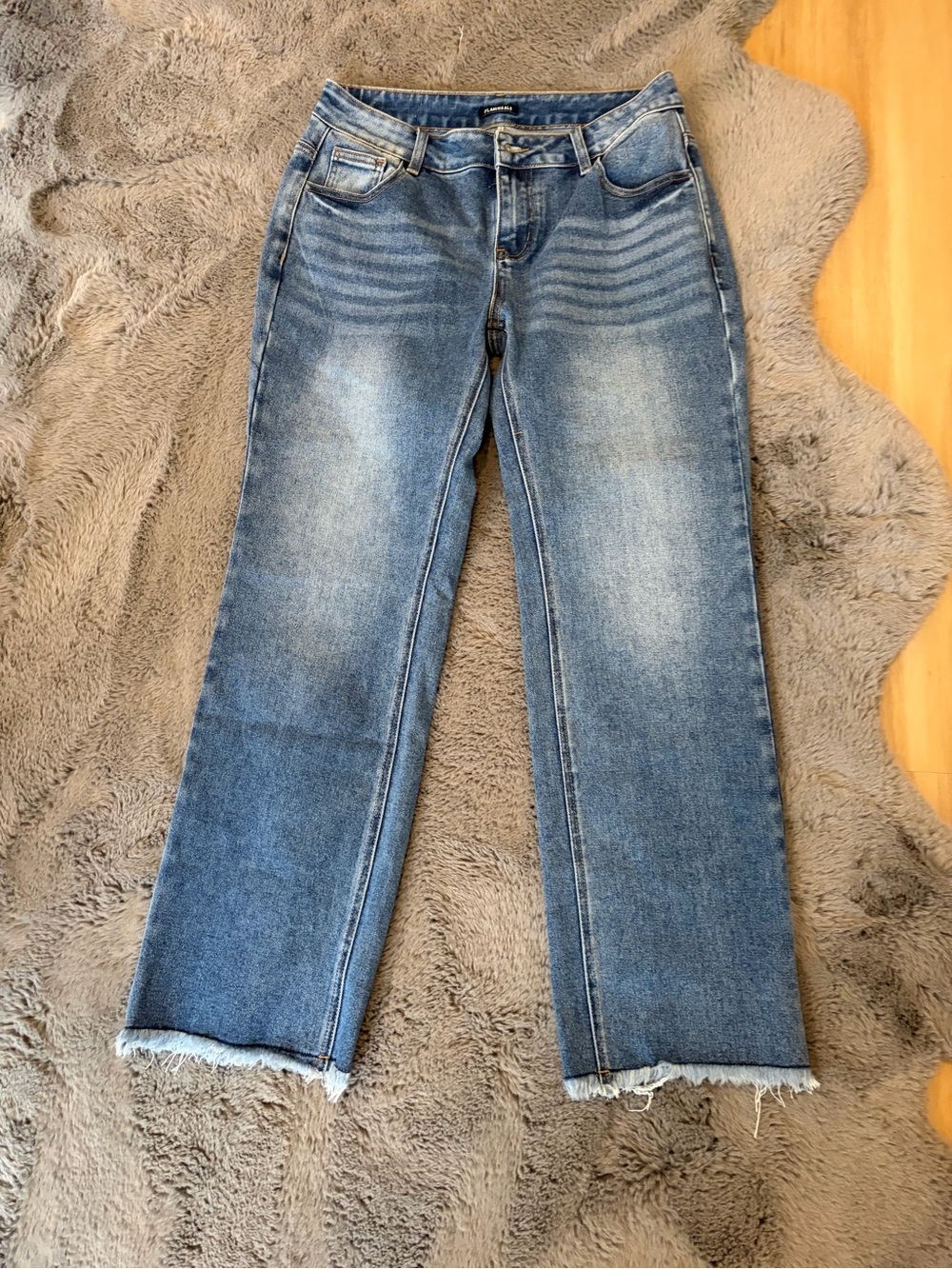 Flamingals Wide Leg Jeans in Light Blue Wash distressed hem